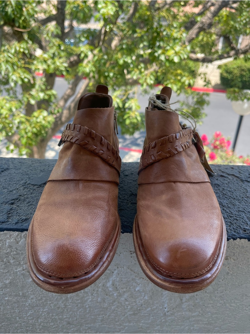 A-S 98. NEW Women’s Brown Leather Ankle Booties with Braided Strap size 7.